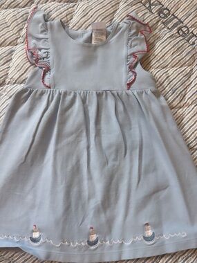 bella bliss Light Blue Dress with Red Trim and Sailboat Embroidery